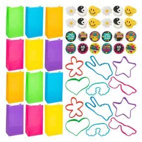 90's Party Favors - Neon Treat Bags, 90's Mini Buttons, Super-Sized Fun Bands, and 90's Icon Rings for 12 Guests