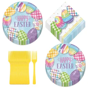 Easter Party Supplies - Pattern & Tie Dye Easter Egg Paper Dessert Plates and Napkins (Serves 16)