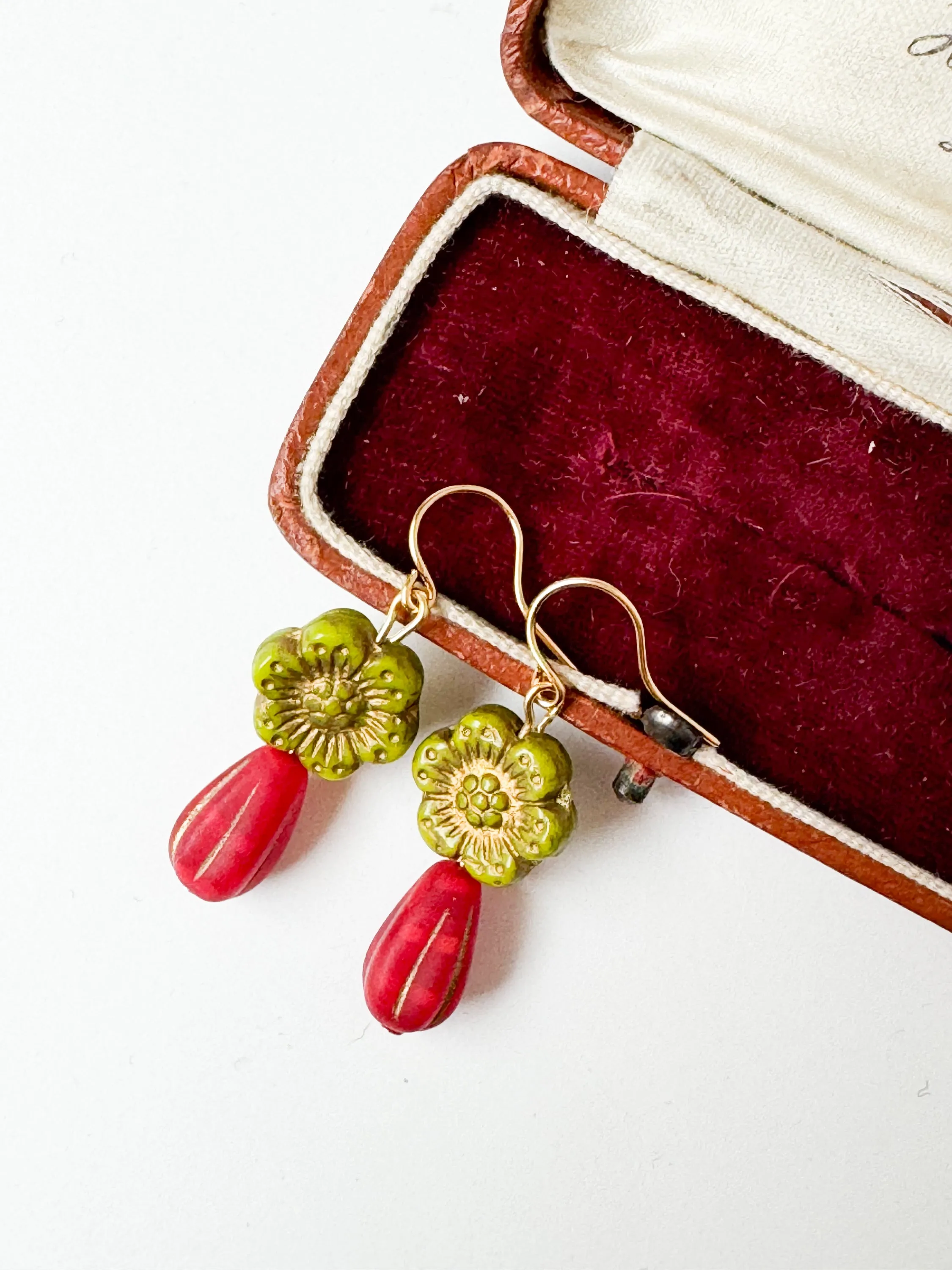 Festive Big Green & Red Flower Earrings for the Holidays