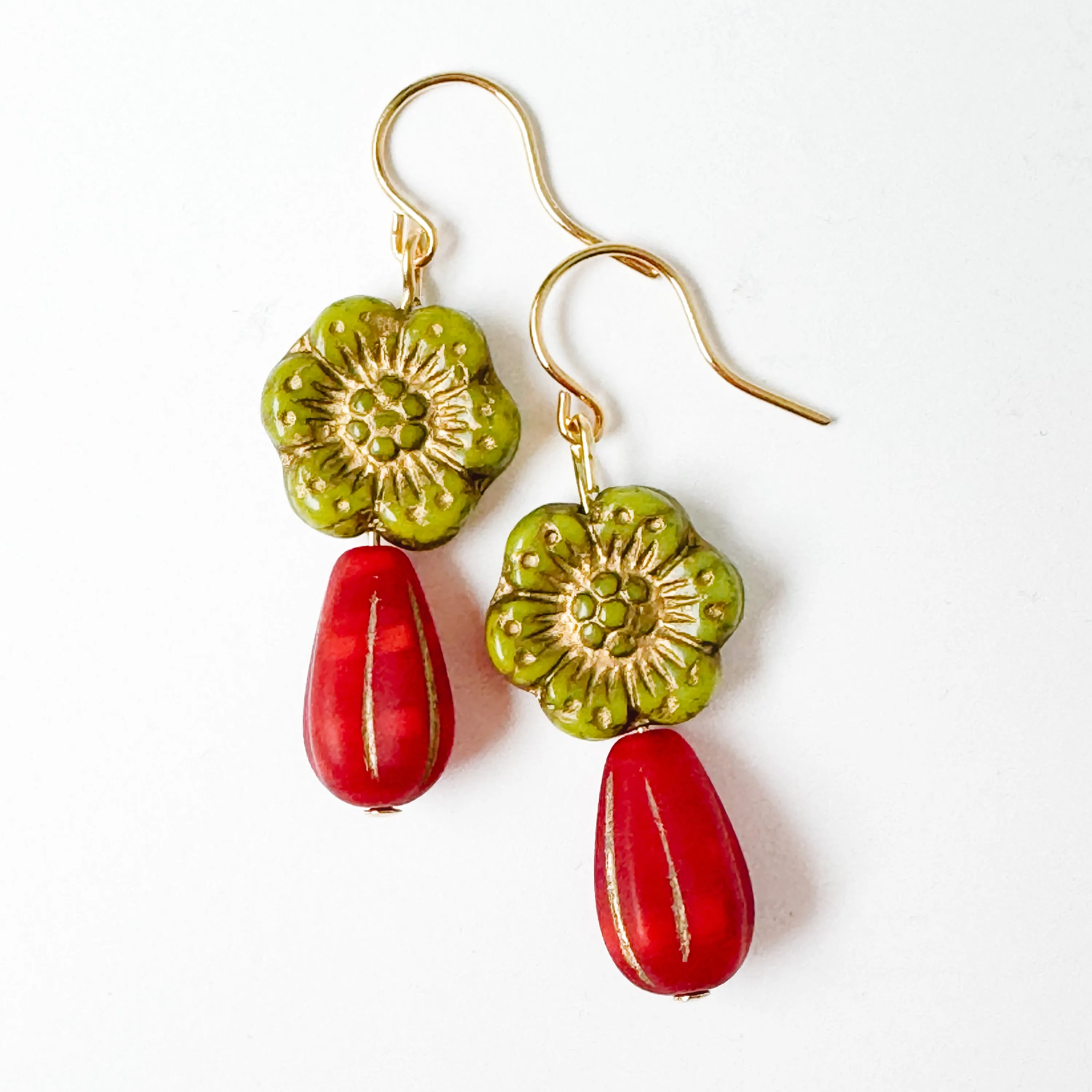 Festive Big Green & Red Flower Earrings for the Holidays